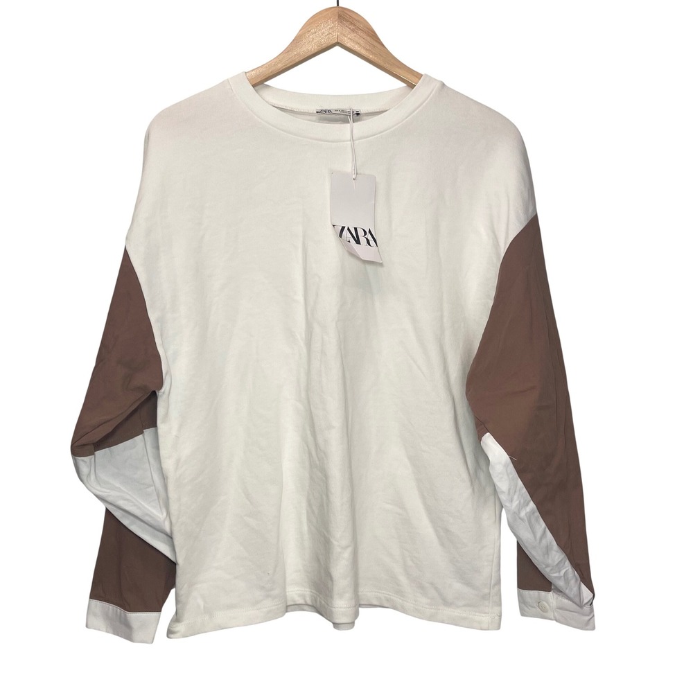 ZARA Colorblock Long Sleeve T-Shirt White‎ Brown Women's Size S Soft Crewneck